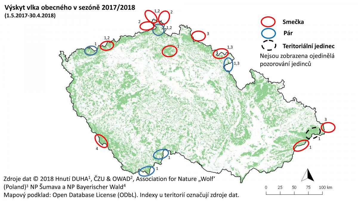Mapa výskytu vlků v ČR v 2017-2018 s přesnými zdroji dat