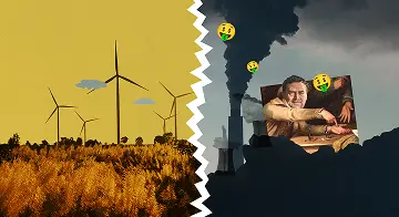Divoká krajina s větrnými elektrárnami v západu slunce v kontrastu s koláží uhlobarona Pavla Tykače natahujícího ruku pro peníze, s kouřící uhelnou elektrárnou za zády.