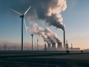 Větrné turbíny s uhelnou elektrárnou v pozadí, z komů a chladicích věží se kouří.